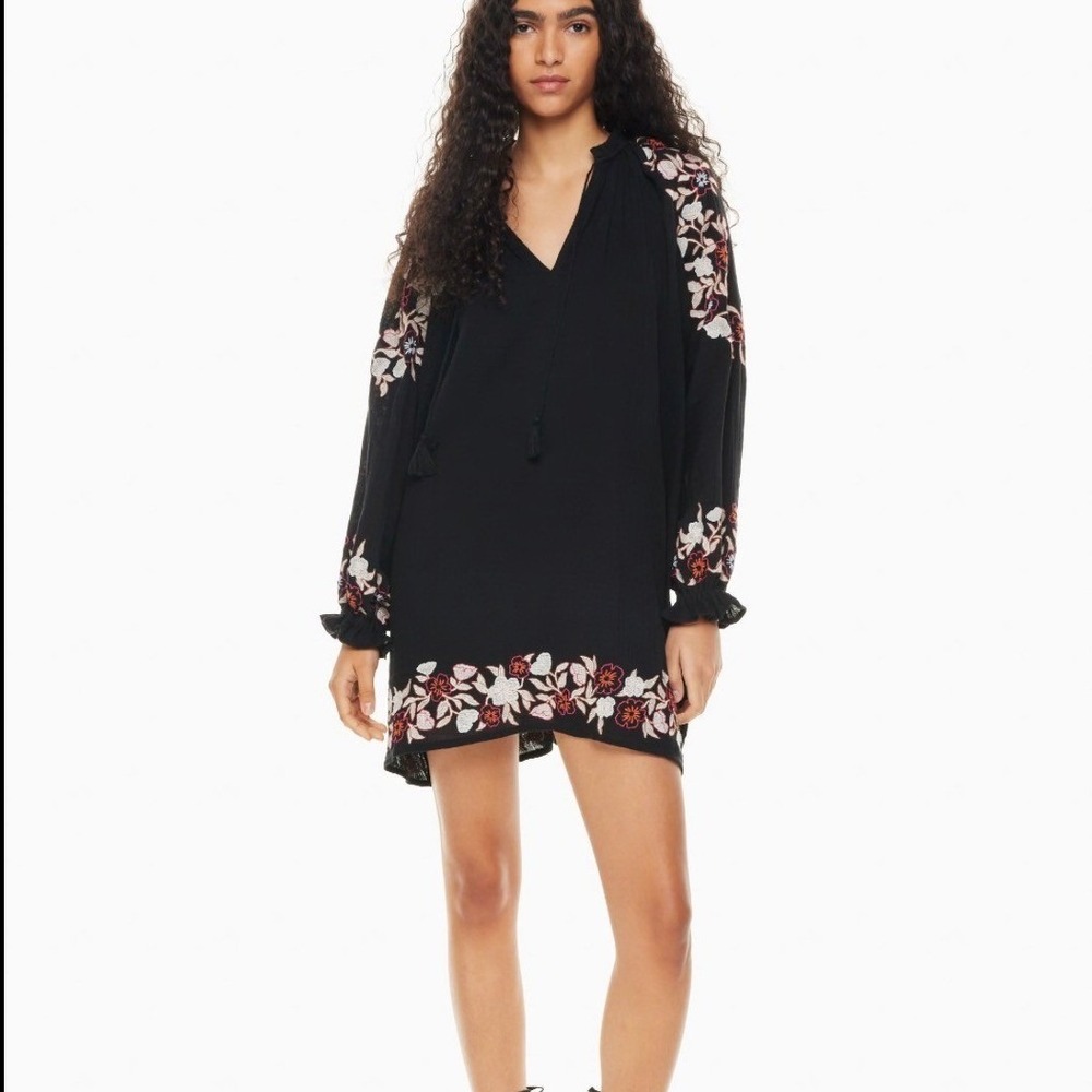 Aritzia Little Moon Black Embroidered Thalia Mini‎ Dress Size S Boho Cottagecore